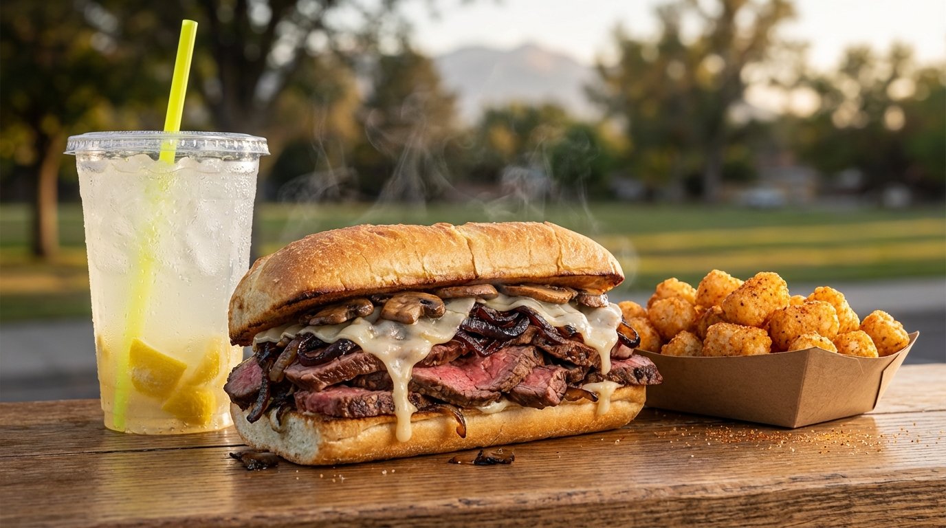 The Chuck Wagon Full Spread — Tri-Tip Sandwich, Tots, and Lemonade